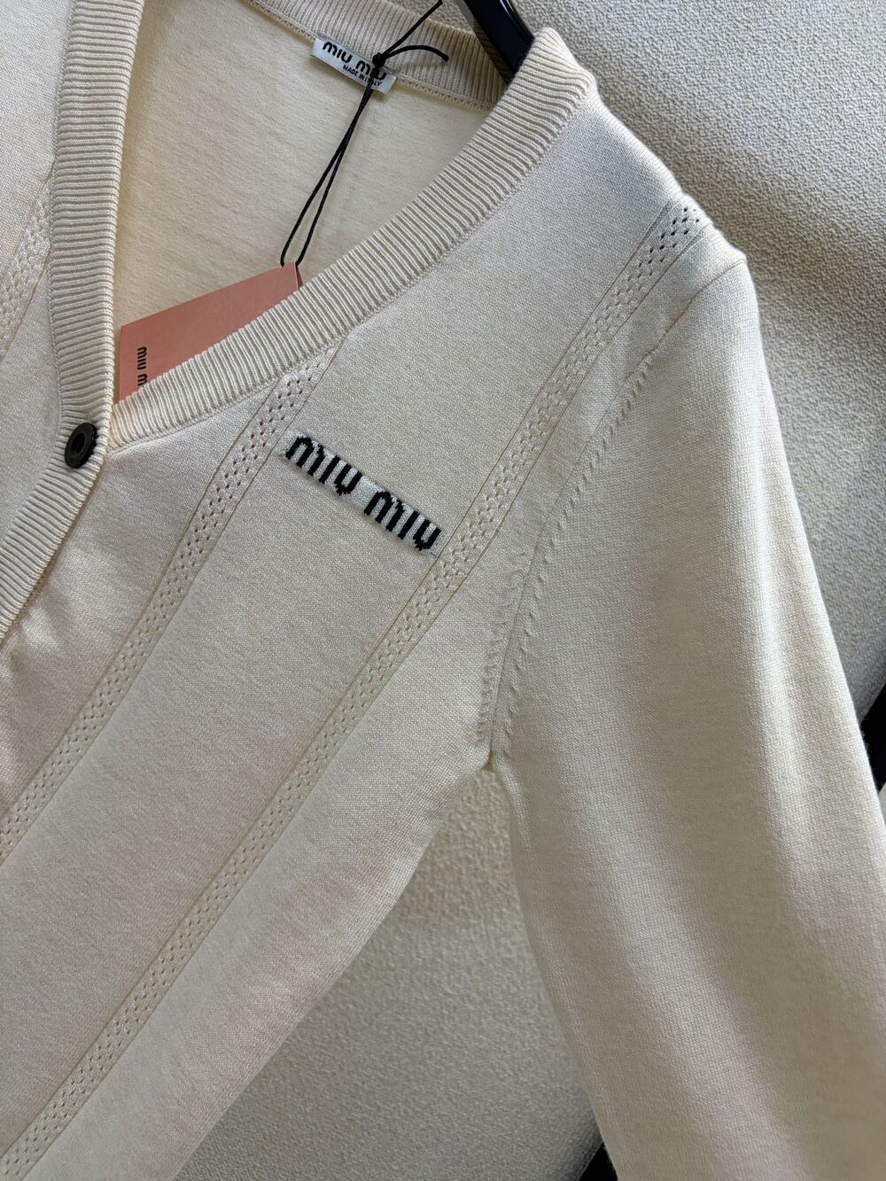 Miu Miu Cream V Neck Logo Knit Cardigan - Picture 4 of 5